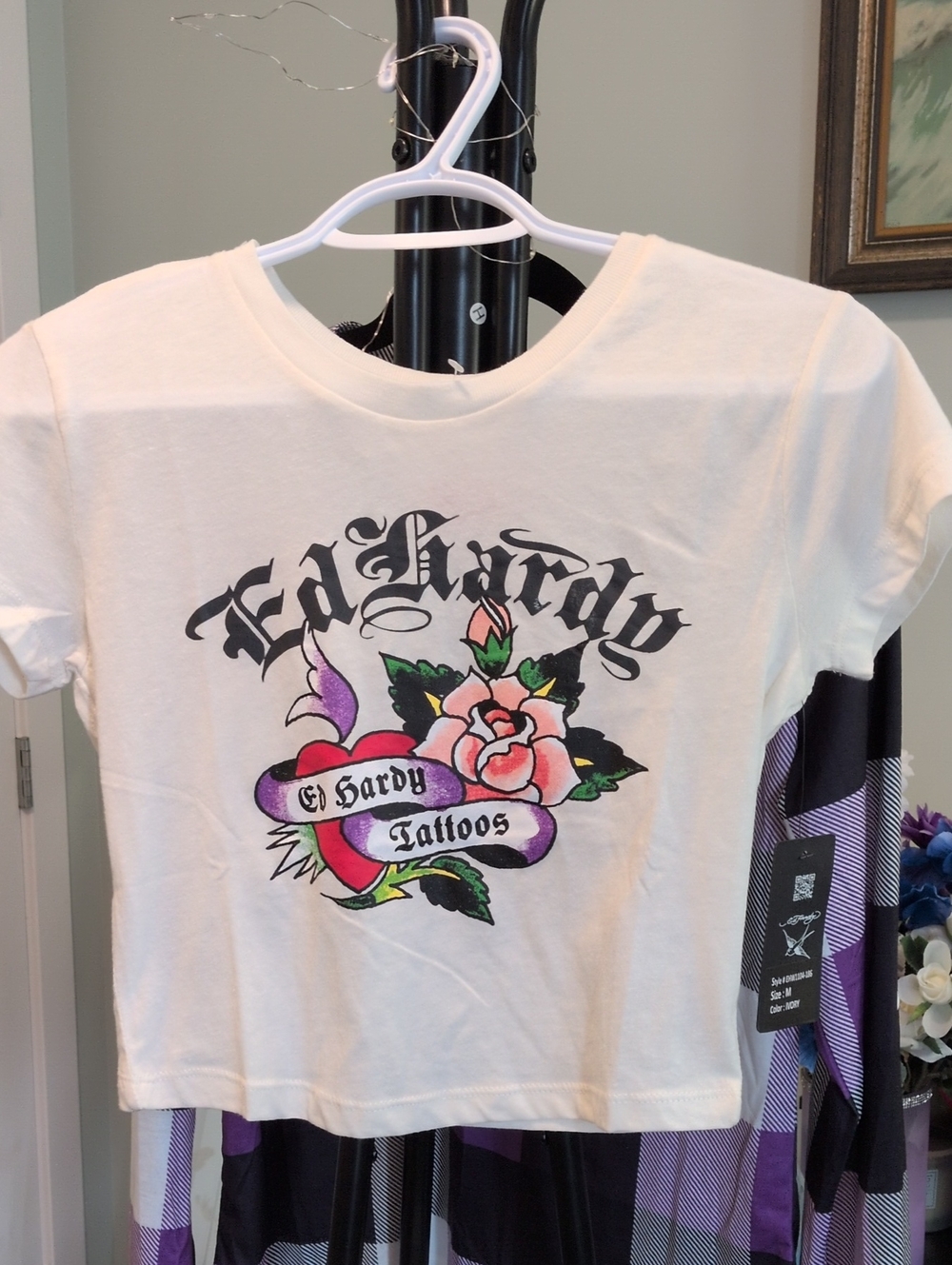 Ed Hardy White Tee with Multicolor Tattoo Rose Graphic